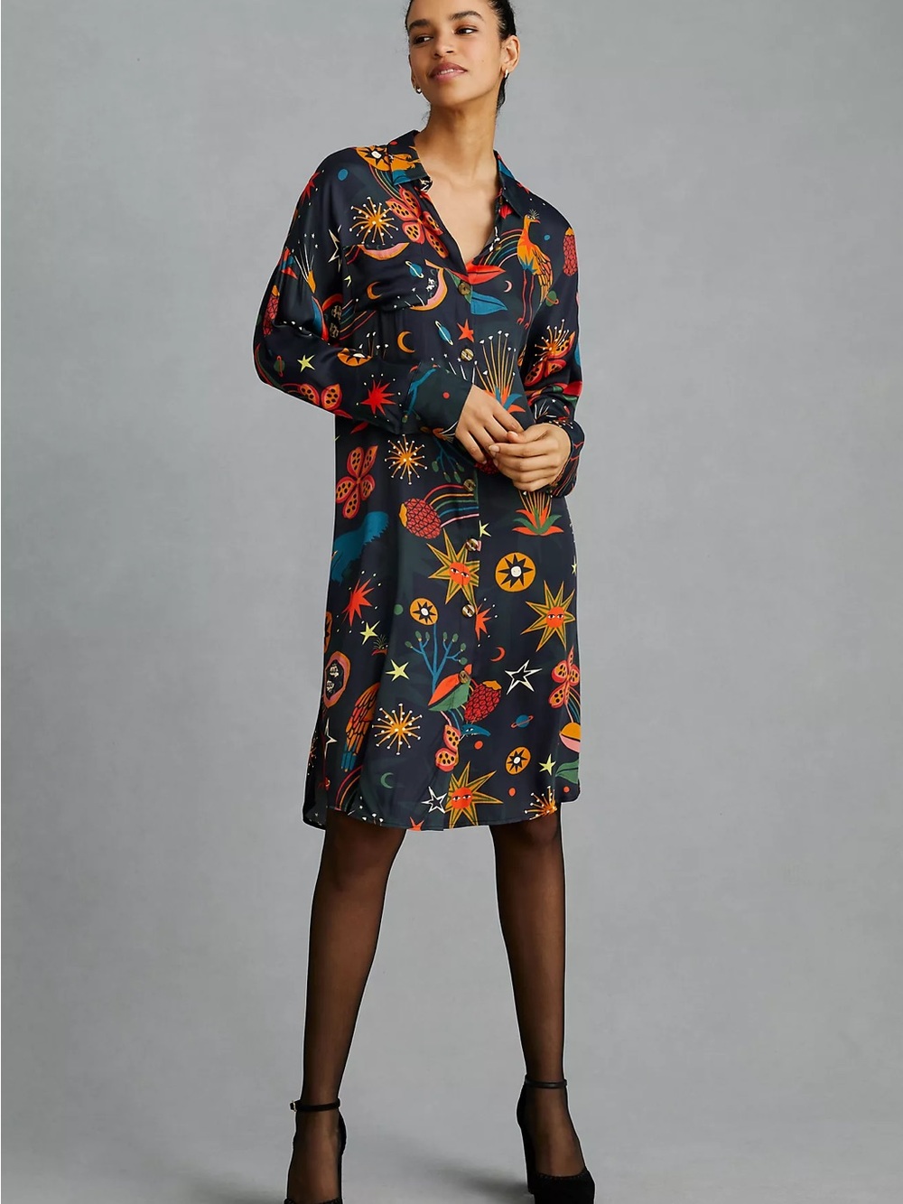 Printed Long Sleeve Nightshirt Chemise - Black Multi